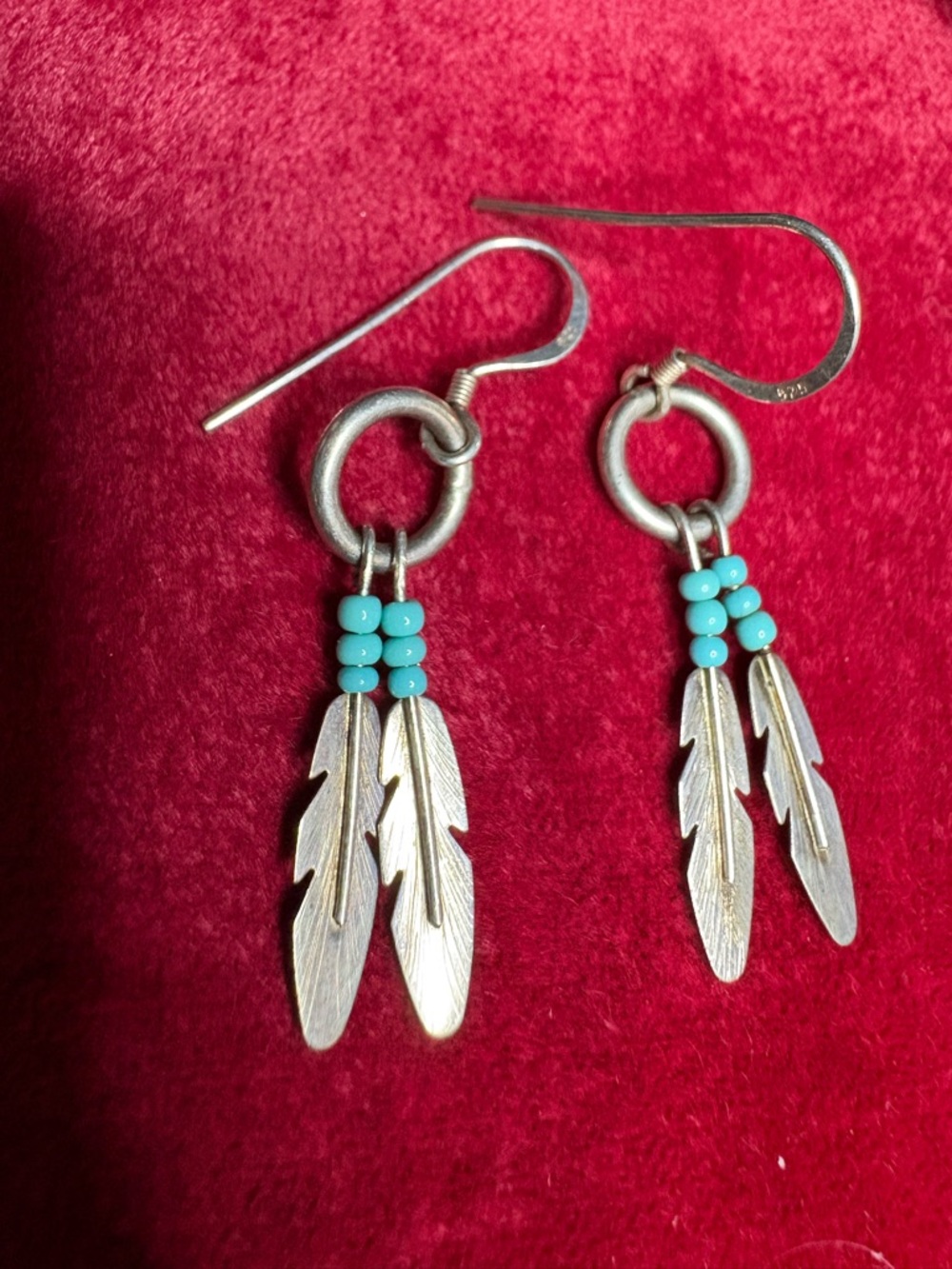 Earrings 925 Sterling Silver Feather Drop with Turquoise Beads